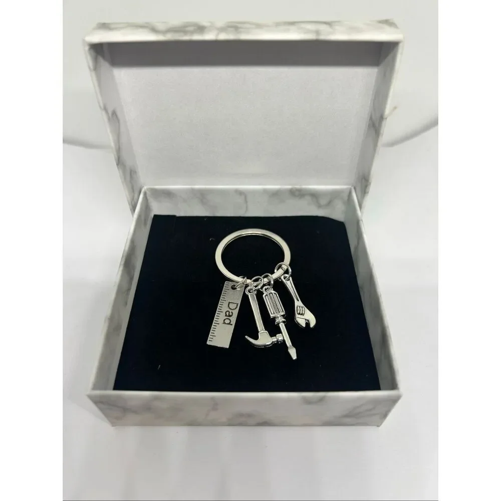 Dad Tool Charm Keychain Hammer Screwdriver Wrench Silver Tone Gift
